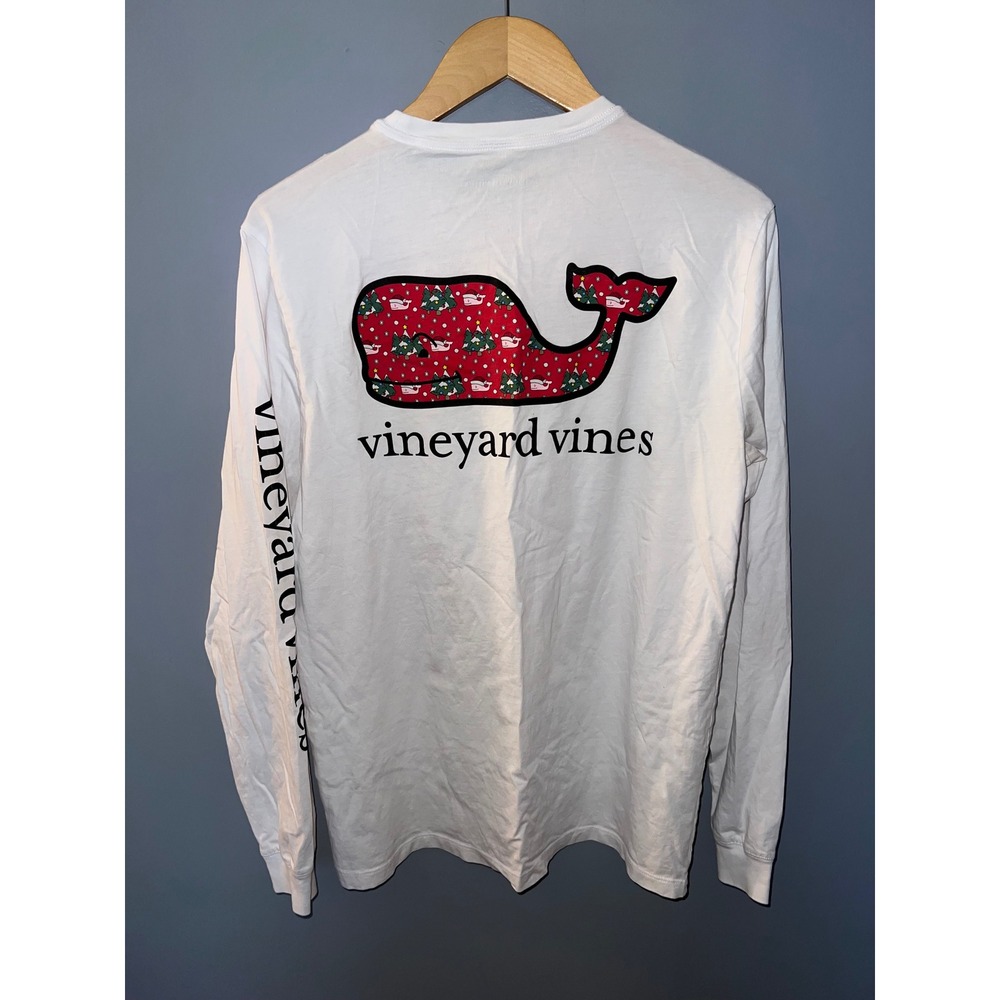 Vineyard Vines Mens Small White Christmas Whale Long Sleeve Pocket T-Shirt